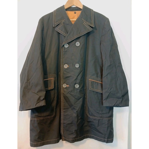 Vintage Cortefiel Mens Black Double Breasted Trench Coat Sz 42 Made in SpainAC